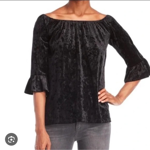 Beach Lunch Lounge Black Crushed Velvet Ruffle Hem Bell Sleeve Tunic Top Large - Picture 1 of 6